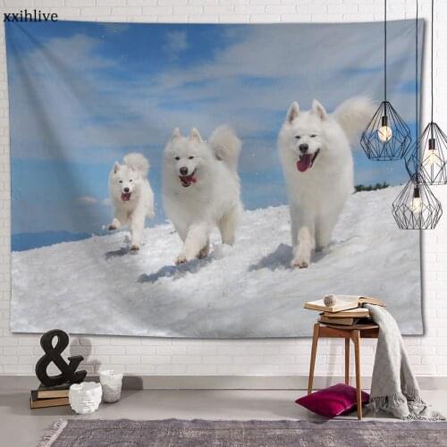 Cute Animal Dog Samoyed Tapestry Customizable Bohemian Wall Hanging Room Carpet HD Tapestries Art Home Decoration Accessories