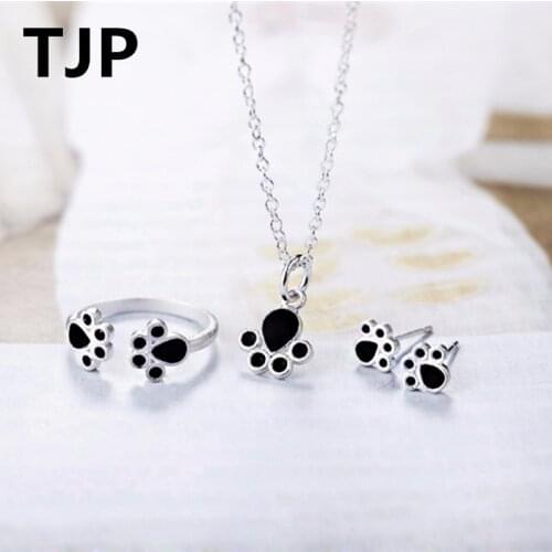 Fashion 925 Silver Women Engagement Party Sets Lovely Cat Claw Girl Adjustable Ring Cute Animal Design Necklace Earring Bijou