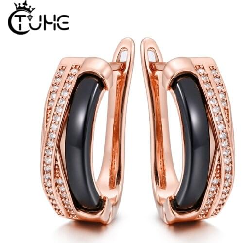 Trendy Fashion Metal Elegant Stud Earring Women New Vintage With Black White Ceramic Statement Crystal Earrings Luxury Jewelry