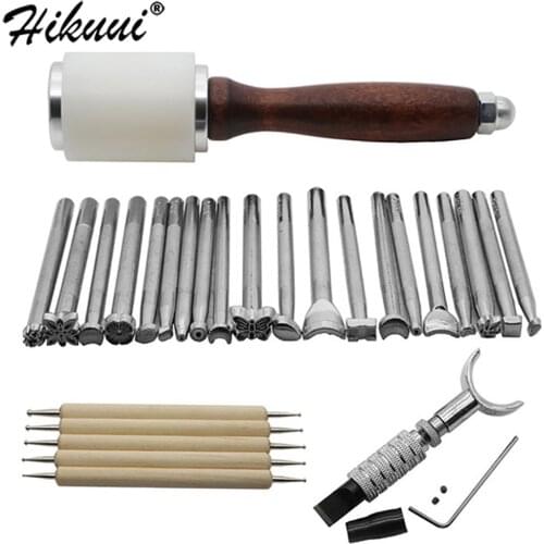 Leathercraft Carving Hammer with Wooden Handle Sewing Working Engraving Patterns Stamping Embossing Leather Craft Tool Kit