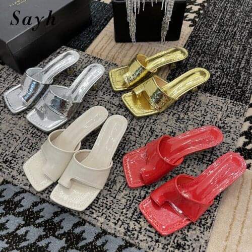 Summer Women Gold Mules Low Heels Flip-Flops Stiletto Dress Thin Heels Retro Sandals Slingback Shoes