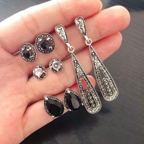 4 Pairs/Set Crystal Bohemian Stud Earrings for Women Cubic Zirconia Vintage Black Resin Drop Earrings Set Jewelry Gift