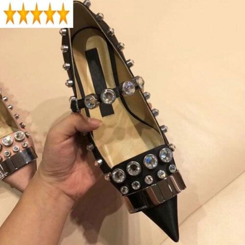Toe Pointed Fashion Rivets Women Studded Flats Silk Crystal Party Office Ladies Zapatos De Mujer Strap Flat Shoes