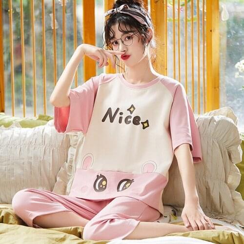 Summer Pajamas Set Women Calf-length Korean Style Simple Pink Patchwork Sleepwear Cute Cartoon Print Women Loose Casual Homewear
