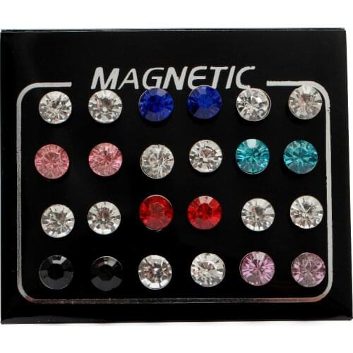 Fashion 12 Pair/lot 4/5/6/7mm Round Crystal Rhinestone Magnet Stud Earring Puck Womens Mens Magnetic Fake Ear Plug Jewelry