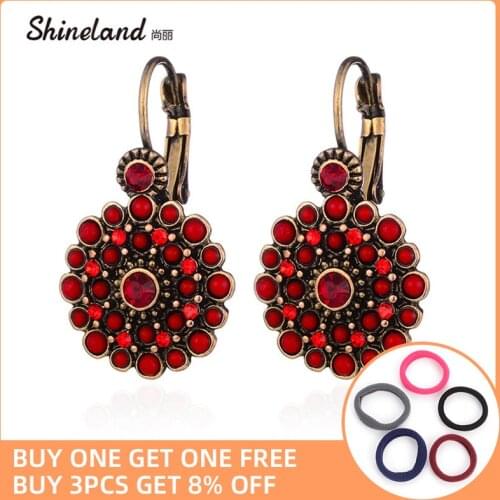 Shineland 2021 New Vintage Ethnic Red Black 2 Color Flower Brincos Lady Charms Rhinestones Drop Earrings For Women Bijoux Gift