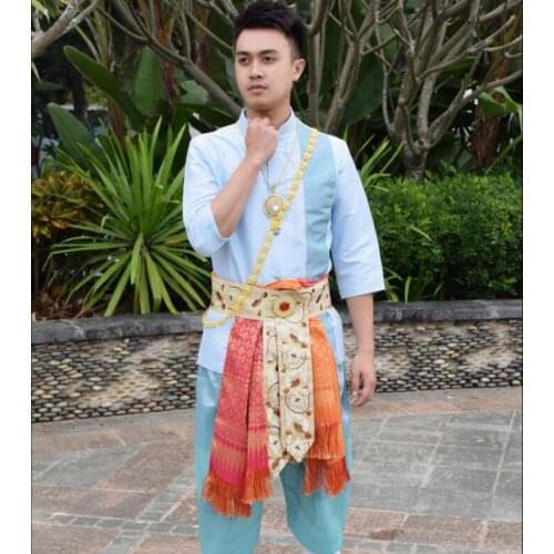 Thailand Dai Prince Costume Dai traditional men Outfit Blue short sleeve Jacket + Pants + Waist Belt stage performance Clothes