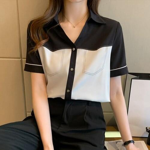 2021summer Fashion Contrasting lapel Casual Ladies Shirts Women Loose Short Sleeve Korean style Blouse