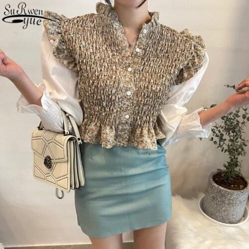 Long Sleeve Single Breassted Women Short Shirts 2021 Spring New Printed Ruffled Women Tops and Blouse Blusas Mujer 13249
