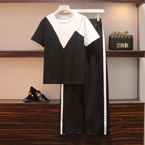 Plus size women sports suit summer 2021 new contrast color T shirt top and wide leg pants casual two piece set womens clothes