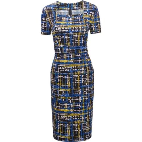 Women Summer Print Pencil Dress Elegant Knee Length Short-Sleeve O-Neck Bodycon Dress Women Plus Size Office Lady Dresses