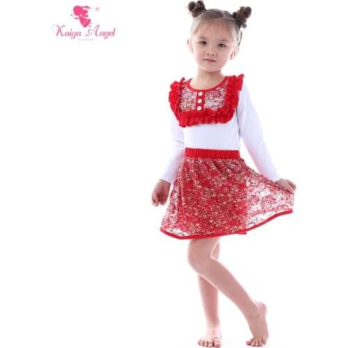 Kaiya Angel Valentines Day Factory Wholesale Clothing Sets Long Sleeve Tops Bordeaux Gold Lace Dress Toddler Girl Clothing