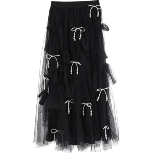 2021 Spring Summer New Black Bowknot Beaded Two Ways to Wear Skirt Female Fashion Ruffled Strapless Mesh Dress Y843