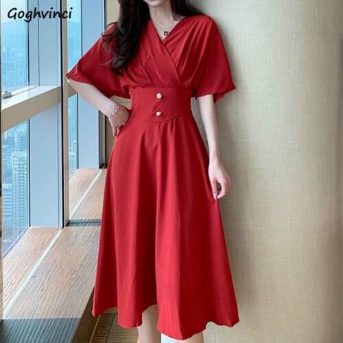 Chiffon Short Sleeve Dress Women Summer New Elegant Button Solid V-neck All-match Retro Korean Style Chic Trendy Leisure Vintage