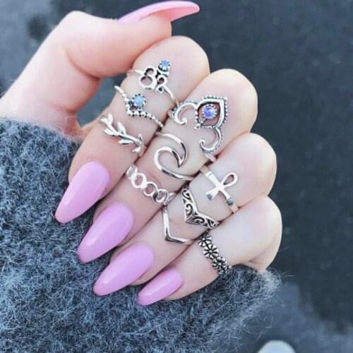 10PCS/Set Vintage Antique Moon Heart Ring Set Crown Opal Stone Finger Midi Rings Set for Women Boho Jewelry Gift