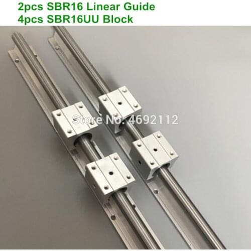 2pcs SBR16 16mm linear rail 200 250 300 350 400 450mm length support round guide rail + 4pcs SBR16UU slide block for cnc