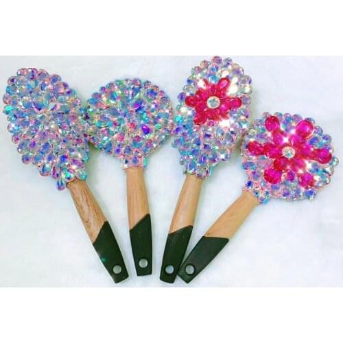 Sparkling Diamond Combs and Mirrors Hair Brush Women Combs Hair Accessories Handheld Makeup Mirror Gifts for Girls Pink White
