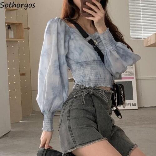 Women Tie Dye Blouses Slim Hipster Lantern Sleeve All-match Breathable Korean Style Leisure Teenagers Female Shirts Crop Top Hot