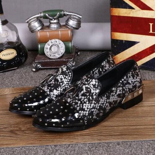 Christia Bella New British Style Plus Size Mens Real Leather Flats Shoes Silvery Metal Rivet Printing Male Party Loafers Shoes