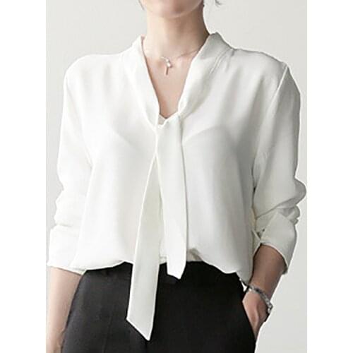 Elegant Chiffon Blouse Woman Solid White Tops Shirts Office Lady Uniform Shirts Full Sleeve Blouse Blusas