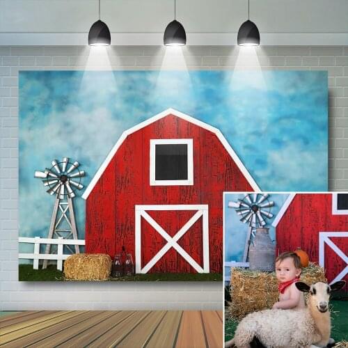 Farm Theme Kids Photography Backdrop Baby Portrait Child Birthday Decor Cake Smash Red Wood House Haystack Background Studio
