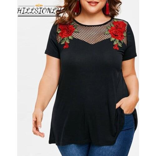 Hillsionly Plus Size Women T Shirt Fashion Women Short Sleeve Fishnet Panel Tunic Summer T-shirt Applique Tops Женские Футболки