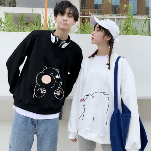 Cute Couple Hoodies Pullover Kawaii Autumn Sweatshirt Tops Loose Spring Harajuku Outerwear Black High Street Bear Hoodie Girls