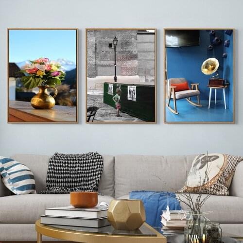 Oil Painting Retro Car Front Bicycle Phonograph Picture Poster Canvas Print Painting Wall Art Living Room Home Decoration