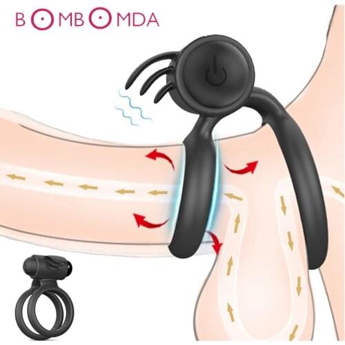 Penis Ring Vibrator For Men Dick Cock Ring Couple Lover Sex Toys for Men Time Delay Ring Soft Silicone Sexy Dual Ring Adult Toys