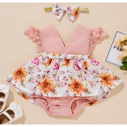Summer Baby Girls Casual Fly Sleeve Romper Fashion Sweet Butterfly Print Hem Flounce Jumpsuits and Bow-knot Headband
