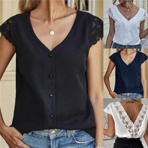 Summer Lace Patchwork Sexy Backless Female Shirt Solid Color V Neck Ladies Short Sleeve Sexy Shirt Button