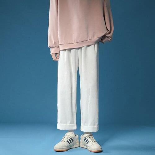 2021 Mens Corduroy Fabric Cargo Casual Pants Pure Color Loose Straight Pants Fashion Male Streetwear White Trousers M-2XL