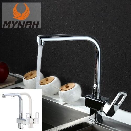 MYNAH Chromed / White Square Kitchen Sink Faucet 360 Degree Cold and Hot Water Mixer Taps Bathroom Accessories