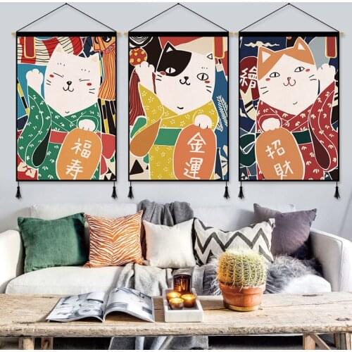Japan Style Fortune Cat Wall Paintings Sakura Scroll Painting Room Decor Aesthetic Tapestry Art Living Room Bedroom Decal Poster