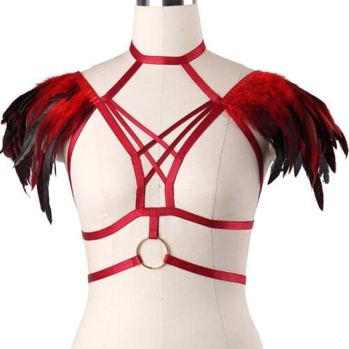 Wholesale 2pcs Fetish Red Feather Body Harness Body Cage Bra Hollow Sexy Lingerie Bandage Belt Burning Feather Harness Bra