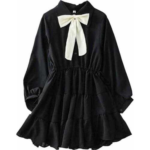 PERHAPS U Bow Turn Down Collar Dress Mini Short Elegant Sweet Women Female Black White Long Sleeve D1680