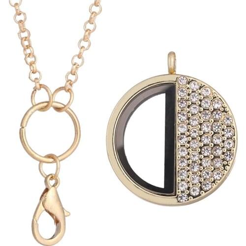 1pcs Alloy Round half with Rhinestone Magnetic Glass Lockets Living Memory Floating Charm necklace Women with 60cm chain