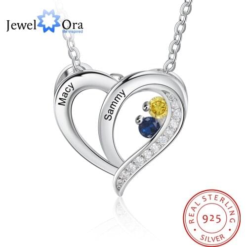 JewelOra 925 Sterling Silver Personalized Name Mothers Necklace with Birthstone Custom Engraved Heart Pendants S925 Fine Jewelry