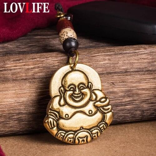 Retro Copper Smiling Maitreya Buddha Tags Keychain Lanyard Pendant Trinkets Handmade Bodhi Bead Woven Lanyard Hangings Key Chain