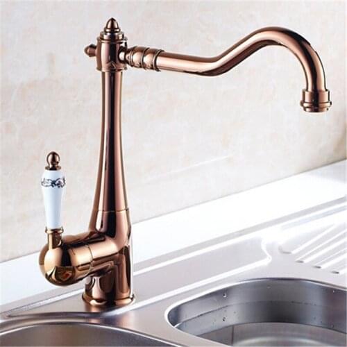 Rose Gold Kitchen Faucets Brass Hot & Cold Sink Mixer Tap Ceramic Handle Rotating Chrome/Black Deck Mounted Free Shipping