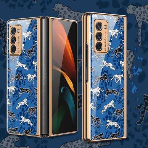 Leopard Animal Pattern Glass Case For Samsung Galaxy Z Fold 2 Case Plating frame Hard PC Cover For Samsung Galaxy Fold 1