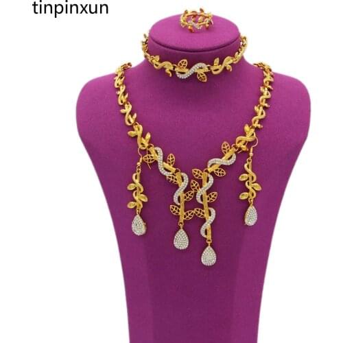 PINXUN Nigeria Dubai Bridal Wedding Jewelry Leaf Gold Color African Fashion Necklace Earrings Ring Bracelet Sets for Women YS4
