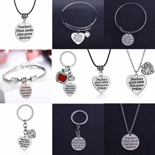 Teachers Plant Seeds That Grow Forever Love Beads Bracelets Bangle Heart Pendant Chain Leather Necklace Keychains Keyrings Gifts