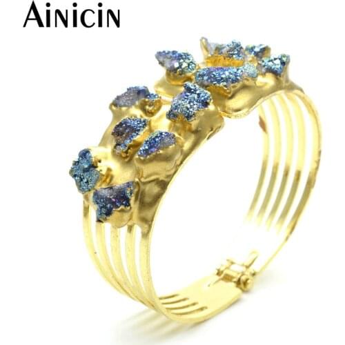 Unique Exaggerate Women Open Bangles Natural Blue Drusy Crystal Paved Gold Plating Bracelets Fashion Jewelry