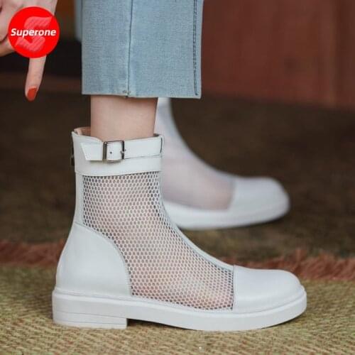 Superone New Summer Women Boots Real Leather Hollow out Shoes Zipper Outdoor Fashion Pumps Female Footwear Size 32-43