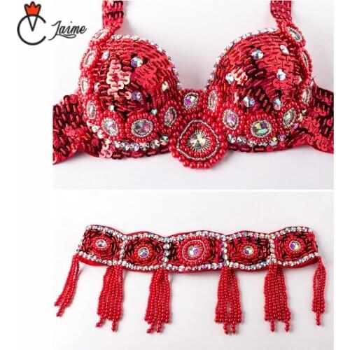 Women Stage & Dance Wear Oriental Dance Sequined Beaded Belly dance Suit 2pcs Bra and Belt Costumes for Belly Dance