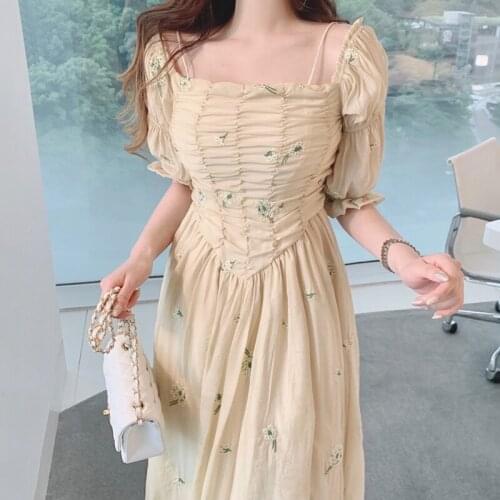 ZCSMLL Korea summer square collar leaking clavicle folds vestido embroidered flower puff sleeve dress long skirt 2021 fashion