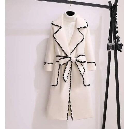 2021 Autumn Winter Fashion Long Woolen Coat Women Long Sleeve Plus Size Jacket Thick Pocket Sashes Outwear 4XL Jaqueta Feminina