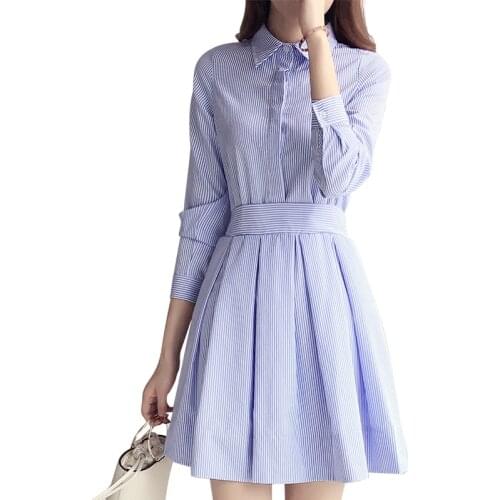 New Fashion Striped Shirt Dress Autumn Women Vintage Elegant Plus Size Dress Casual Office Dresses Lace Up Slim Vestidos AB234