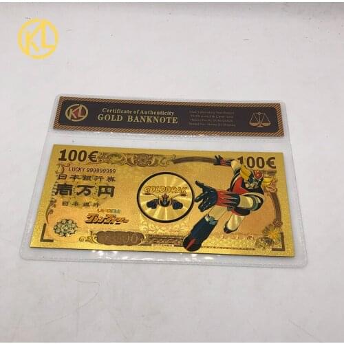 1pc UFO Robot Grendizer Goldorak Anime 100 EUR souvenir Gold Banknote Gold Bill Note With COA Frame For Collection banknotes